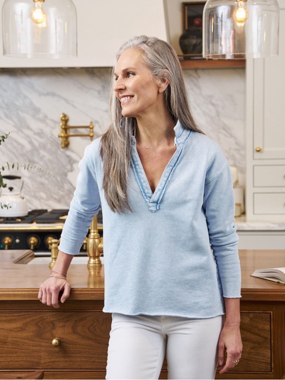 Frank and Eileen Patrick Popover Sweatshirt Triple Terry In Mineral Blue M - Picture 2 of 8
